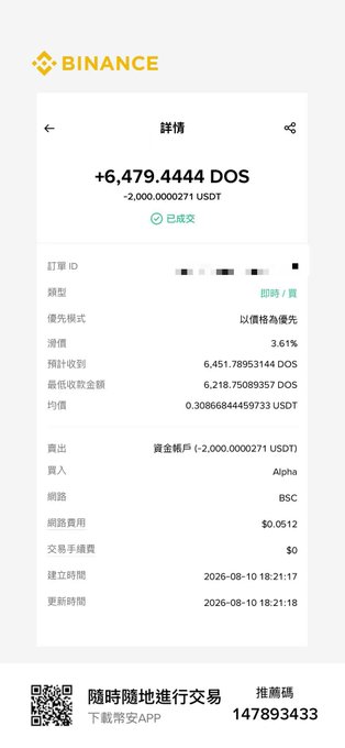 A Binance transaction details screen showing a successful order of +6,479.4444 DOS at -2,000.0000271 USDT, with details like order ID, type '即时/買', network BSC, and a referral code 147893433 displayed in Chinese.