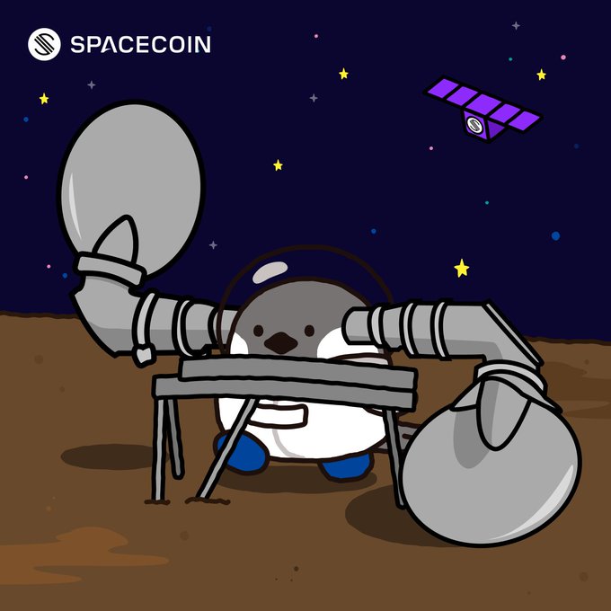 The image features a cute penguin mascot in a spacesuit, branded as "SPACECOIN" in the top-left corner, cheerfully operating ground equipment on a reddish lunar/Martian surface while a purple satellite orbits overhead against a starry sky. This playful scene perfectly illustrates the post's message about "pengnini" maintaining ground stations while the Spacecoin network expands its decentralized satellite antennas for unlimited connectivity from space.