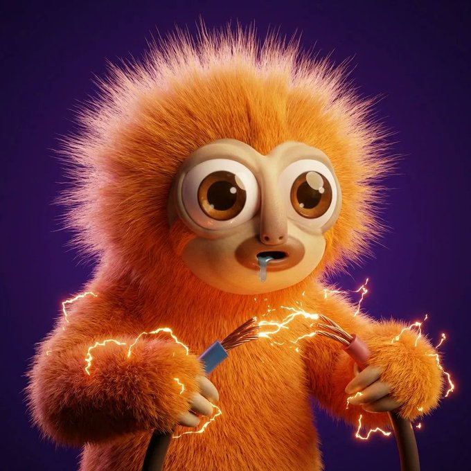 A furry orange monkey-like creature with large brown eyes stares in shock as electricity sparks between the stripped wires it's holding, drooling in apparent panic — perfectly matching the post's "oh fuck" reaction to a mishap.