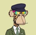 A cartoon illustration of a giraffe character wearing a green suit, white shirt with a pin, a blue cap, rainbow-striped sunglasses, a cigarette in its mouth, and a small pink flower behind its ear.