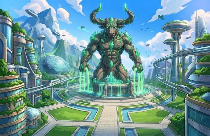 A vibrant fantasy illustration of a futuristic green eco-city featuring a massive, muscular humanoid bull-like statue with green crystal accents pouring glowing green water into a circular plaza, surrounded by futuristic domed buildings and floating airships.