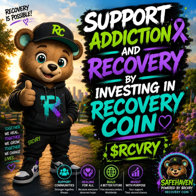 Promotional graphic for a cryptocurrency called $RCVRY (Recovery Coin), featuring a cartoon bear mascot and text reading 'Support Addiction and Recovery by Investing in Recovery Coin' with taglines like 'SafeHaven Powered by $RCVRY' and 'Recovery is Possible.'