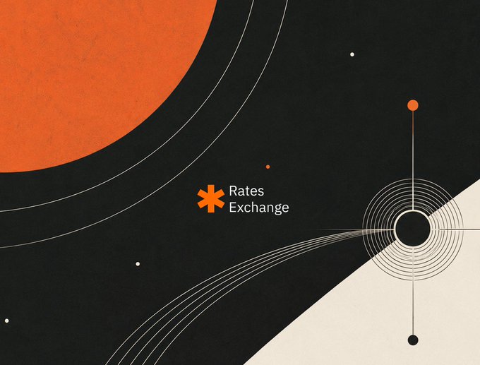 Abstract space-themed graphic with orange and black design featuring the 'Rates Exchange' logo.