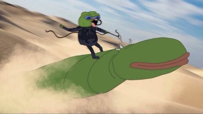 A digitally edited image combining the 'Pepe the Frog' meme with a desert/Star Wars scene, where a muscular figure rides a giant worn green sandworm with a tongue sticking out.