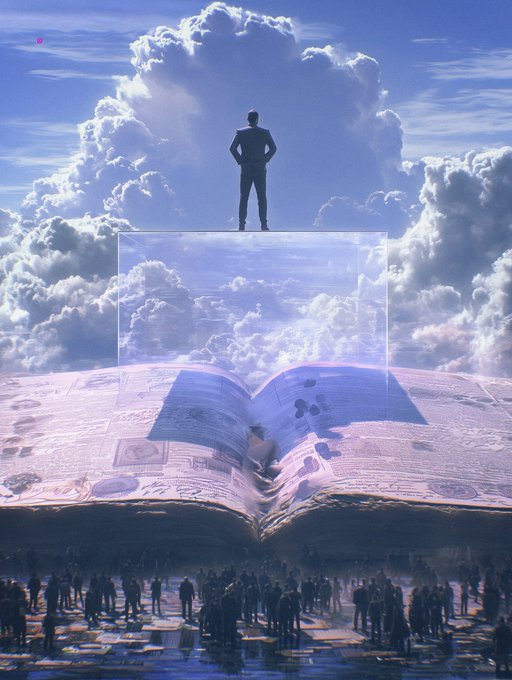 A surreal digital artwork depicts a man standing atop a transparent glass platform above an open book, with dramatic cumulus clouds filling the sky and a silhouetted crowd gathered below on a reflective surface.