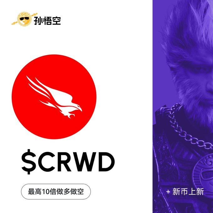 A promotional graphic for the '$CRWD' token on a platform, featuring a red eagle logo, a Sun Wukong (孙悟空) mascot, and Chinese text indicating 10x short selling.