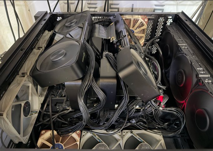 The interior of an open PC case reveals an extreme custom build featuring at least nine large cooling fans, multiple large CPU coolers/heatsinks, and a tangled web of power cables—suggesting an over-the-top, no-expense-spared setup that would justify the poster's lament that their "pocket is aching."