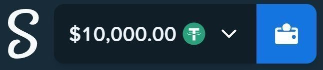 A dark interface displays the letter 'S' next to a payment field showing '$10,000.00', a green Tether (USDT) logo, a dropdown arrow, and a wallet icon on a blue background.