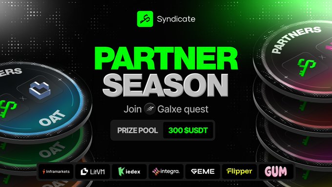 The image features a poster for a game called "Partner Season" that is currently live. The poster includes a stack of three circles, each with a different color - green, blue, and pink. The text on the poster reads "Partner Season", indicating the theme or concept behind the game. It also mentions that there are raffles available for joining the game, which could potentially offer prizes like 300 USDT.