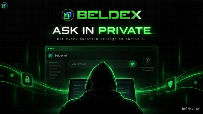 A promotional graphic for 'BELDEX' featuring the tagline 'ASK IN PRIVATE - not every question belongs to public AI', with a hooded figure at a computer and 'Beldex AI' chat interface.