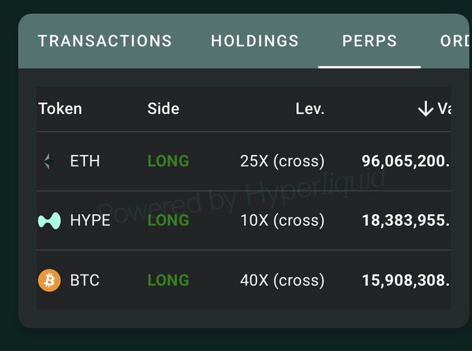 Trading interface screenshot showing perpetual positions on Hyperliquid: ETH LONG 25X at $96,065,200, HYPE LONG 10X at $18,383,955, and BTC LONG 40X at $15,908,308.