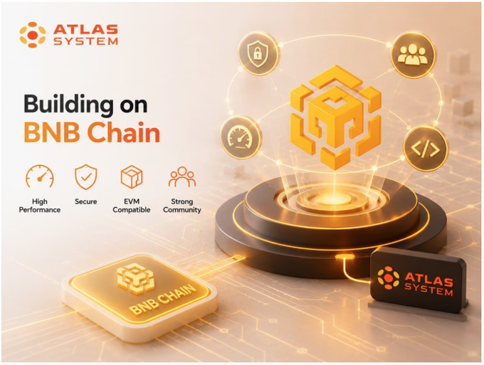 A promotional graphic for 'ATLAS SYSTEM - Building on BNB Chain' featuring a 3D gold BNB logo and icons for High Performance, Secure, EVM Compatible, and Strong Community.