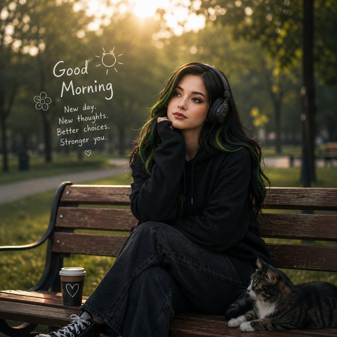 Motivational 'Good Morning' graphic showing a young woman with headphones sitting on a park bench next to a tabby cat, with text reading 'New day. New thoughts. Better choices. Stronger you.'