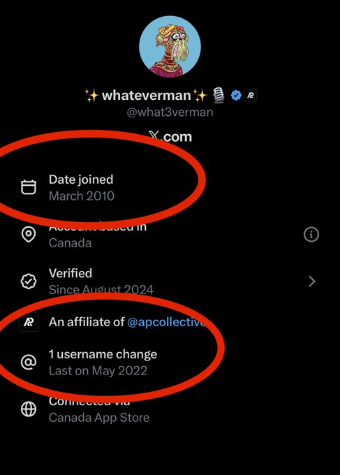 The image shows a Twitter/X profile for user "✨whateverman✨" (@what3verman), with red circles highlighting key details: a "Date joined March 2010" and "1 username change Last on May 2022," alongside information showing the account is based in Canada and affiliated with @apcollective. These highlighted details correspond to the accompanying post, which jokes about a Bored Ape being characterized as an "OG from 2010" and having "1 username change," referencing the long-standing tenure and history of the Twitter account.