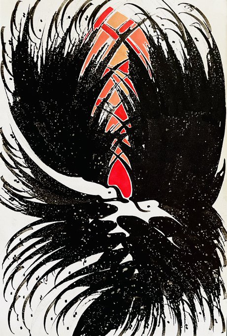A black and white abstract illustration featuring flowing dark feather-like or flame-like patterns with a striking red and orange geometric center.
