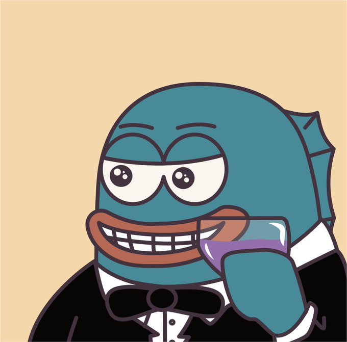 A cartoon illustration of the blue Pepe the Frog character wearing a tuxedo with a bowtie, grinning widely while holding up a glass of purple liquid against a beige backdrop.