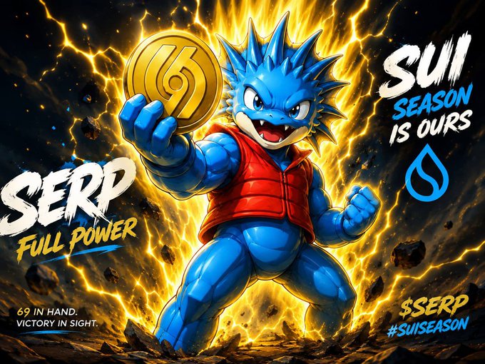 An AI-generated anime character with blue spiky hair and a red vest holds a gold coin amid yellow lightning, accompanied by text reading 'SERP FULL POWER', 'SUI SEASON IS OURS', '$SERP #SUISEASON', and '69 IN HAND. VICTORY IN SIGHT.'.