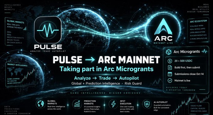 A promotional graphic announces "PULSE → ARC MAINNET - Taking part in Arc Microgrants" featuring logos for Pulse and Arc with details about AI autopilot features.