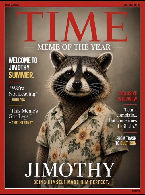 A TIME magazine cover titled 'MEME OF THE YEAR' features a raccoon in a floral shirt named 'JIMOTHY', with the tagline 'BEING HIMSELF MADE HIM PERFECT' and other text like 'WELCOME TO JIMOTHY SUMMER'.