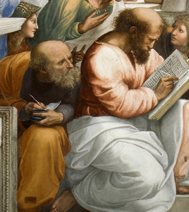 This image is a detail from Raphael's "The School of Athens," depicting an elderly bearded scholar taking notes alongside another figure intently reading a large tome. The caption "Wallchain to Kaito right now" appears to draw a humorous parallel between the scholars' intense study and dedication to that particular crypto transition.
