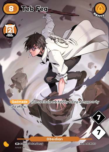 A trading card featuring the character 'Teb Fea' with 8 hp, showing an Obsidian ability and Gadmade card effect text reading 'Cannot leave the field by taking damage only by card effects.'