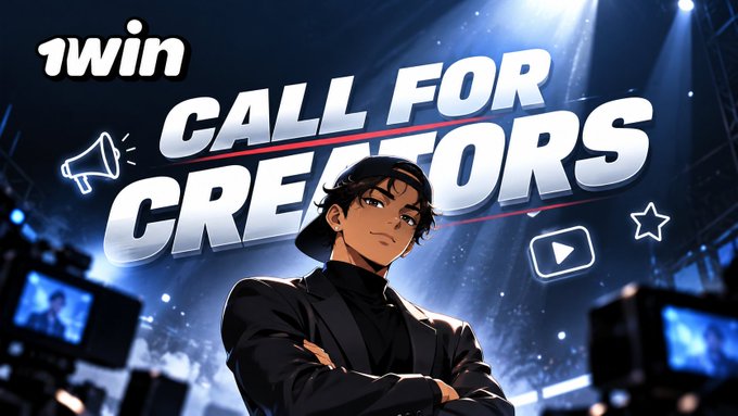 A promotional banner reading '1win CALL FOR CREATORS' featuring an anime-style male character in a black suit standing confidently in front of a stage with spotlights.