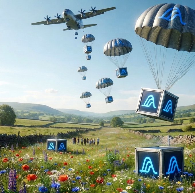 A military cargo plane drops supply crates and parachutes emblazoned with a stylized "A" logo over a green meadow, with more crates and gathered figures on the ground. The airdrop imagery visually mirrors the post's message about variable "XP" token pricing, symbolizing the speculative nature of pre-TGE valuations being "delivered" to investors.