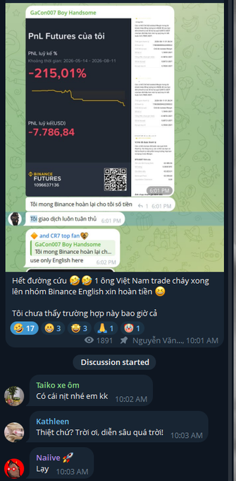 A Telegram chat screenshot in Vietnamese discussing a Binance PnL Futures loss of -215.01% (≈ -7,786.84 USDT) with screenshots of PnL reports, alongside user comments about the investment.