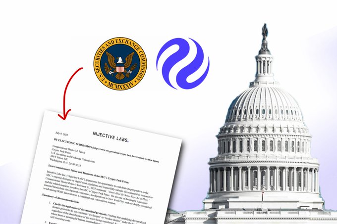 An image showing a red arrow connecting the SEC logo to a letter addressed to the SEC Crypto Task Force from "INJECTIVE LABS" dated July 8, 2025, positioned next to the Injective logo and the U.S. Capitol building, illustrating Injective Labs' formal communication with regulators regarding DeFi protocol classification.