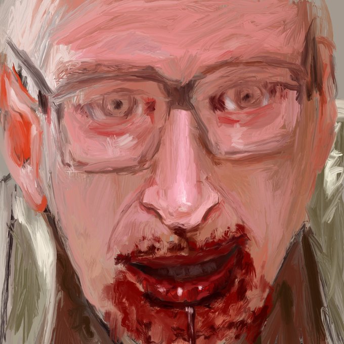 An expressive oil painting portrait of a man with glasses, rendered in pink, red, and flesh tones with visible brushstrokes.