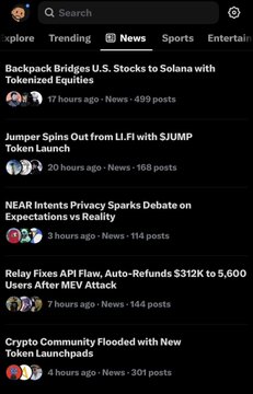 A screenshot of a crypto news feed showing headlines including 'Backpack Bridges U.S. Stocks to Solana with Tokenized Equities,' 'Jumper Splits Out from Li.Fi with $JUMP Token Launch,' and 'Crypto Community Flooded with New Token Launchpads.'