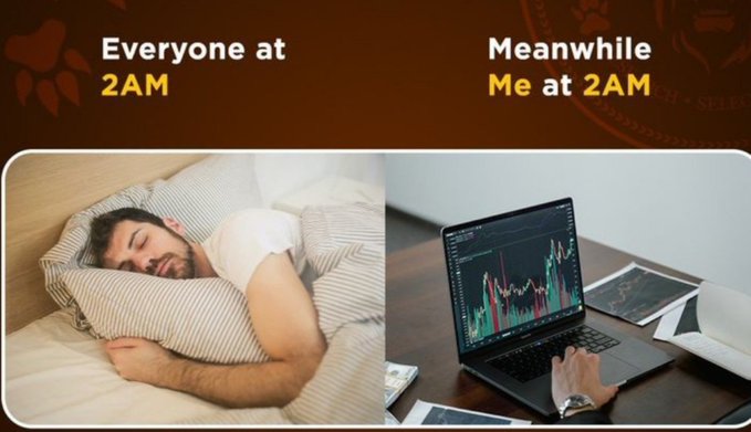 A humorous split-image meme comparing two scenarios at 2AM: on the left, "Everyone at 2AM" shows a man peacefully sleeping in bed, while on the right, "Meanwhile Me at 2AM" depicts a person intensely analyzing a candlestick stock chart on a laptop, highlighting the obsessive nature of night-time trading or investing.