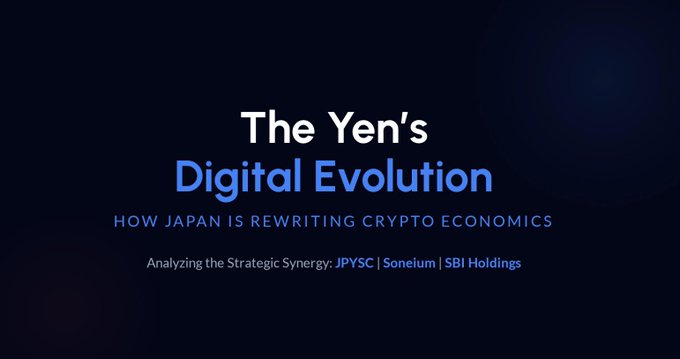 The image shows a banner with blue text that reads "The Yens' Digital Evolution" and "How Japan is rewriting crypto economies", along with an analysis of the Japanese cryptocurrency market by Sony Ericsson Holding SBI Holdings. The image also includes a link to a website, which could be used for further information or resources related to the topic.