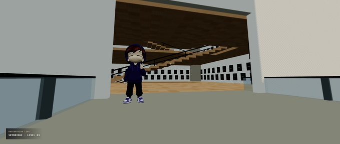 A low-poly 3D video game screenshot featuring a chibi-style character with purple hair standing in a simple indoor environment. Text in the bottom left reads 'SKYHEISTING SKYHEROINE - LEVEL: 005'.