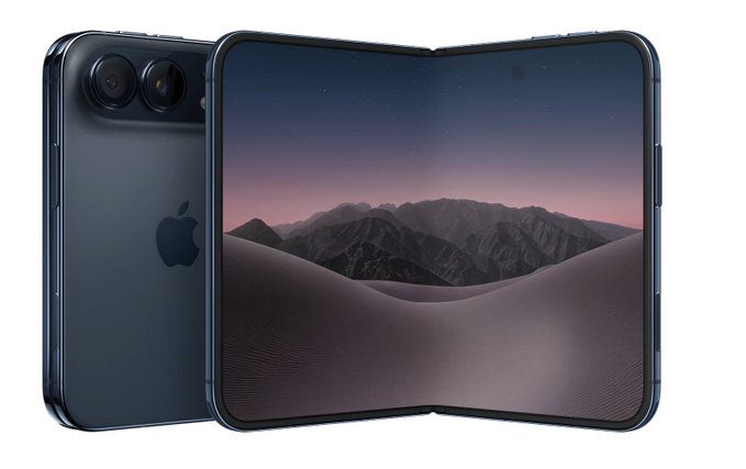 A blue foldable iPhone shown partially open with a desert dune and mountain landscape wallpaper, alongside a view of its back featuring a dual-camera module and Apple logo.