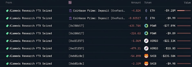 Cryptocurrency transaction log showing "Alameda Research FTX Seized" entries with ETH, POWR, AERGO, and SHIB token outflows to various addresses.