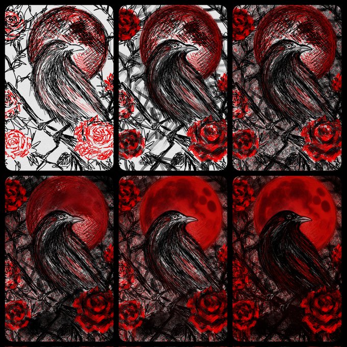The image shows a series of six different drawings or paintings featuring black and red elements, with a crow sitting among roses. The artworks are arranged in a grid format, each depicting a unique interpretation of the crow surrounded by roses. The artist's signature is also present at the bottom right corner of the image.
