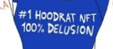 A digital graphic with a blue, hooded figure silhouette bearing the white text '#1 HOODRAT NFT 100% DELUSION'.