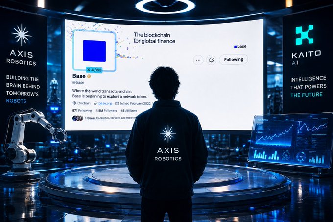 A person wearing an "AXIS ROBOTICS" jacket stands viewing a large screen displaying a Base blockchain social media page, with "KAITO AI" branding visible on the side.