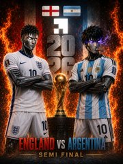 A promotional graphic for a World Cup 2022 semi-final match between England and Argentina, featuring both teams' players and their national flags.