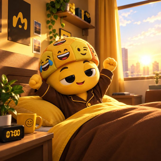 A 3D-rendered yellow emoji character wearing brown pajamas and a smiley-face emoji sleep cap, stretching in bed during a sunrise, with a digital clock reading 07:00 on the nightstand.