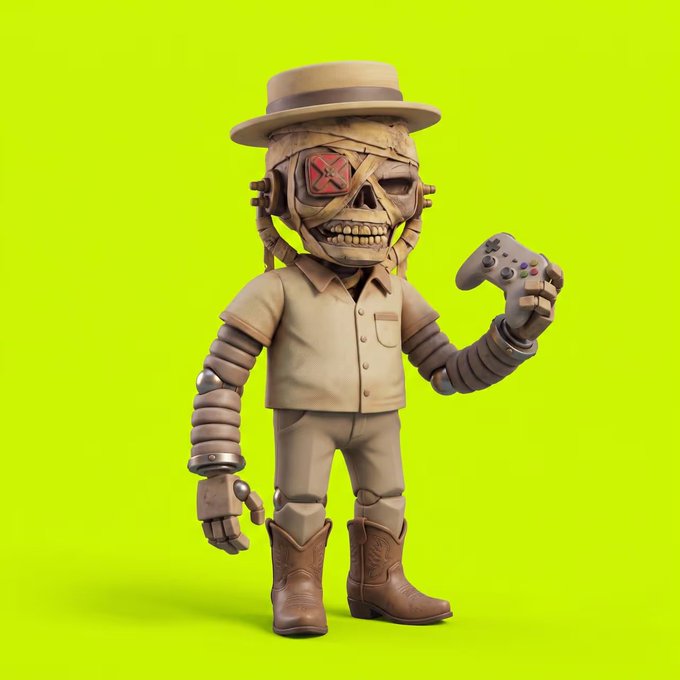 A 3D-rendered skeleton character wearing a tan hat, shirt, pants, and cowboy boots stands against a bright yellow-green background, holding a gray video game controller with colorful buttons.