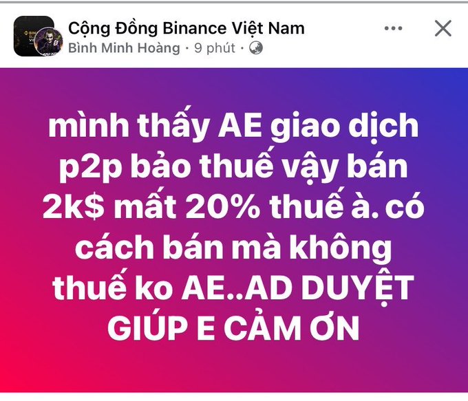 A Facebook post from 'Cộng Đồng Binance Việt Nam' by Bình Minh Hoàng asking for help with P2P trading to avoid the 20% tax when selling 2K.