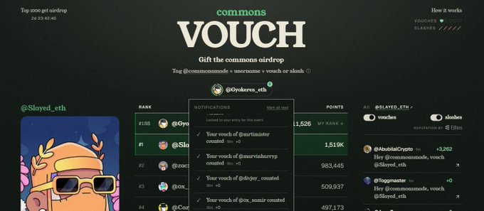 The image shows the Commons "VOUCH" airdrop interface displaying @Sloyed_eth's profile, showing rankings like "#1 @Sloyed_eth" with 1,519K points and notifications confirming that vouches from users such as @martinister, @murvishurtyp, @disyay_, and @ox_sonir were counted. The interface also shows a balance of 3 vouchers and 3 slashes, directly supporting the post's complaint about accidentally using vouches without properly connecting X and requesting dev assistance.