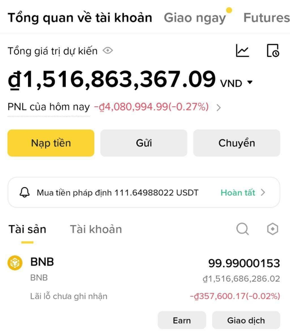 A Vietnamese cryptocurrency exchange account overview showing total estimated value of ₫1,516,863,367.09 VND with a daily loss of -₫4,080,994.99 (-0.27%), holding 99.99 BNB.
