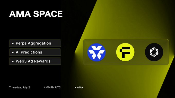 A promotional graphic for an "AMA SPACE" event on Thursday, July 2 at 4:00 PM UTC, listing topics like "Perps Aggregation," "AI Predictions," and "Web3 Ad Rewards" alongside logos for three cryptocurrency projects.