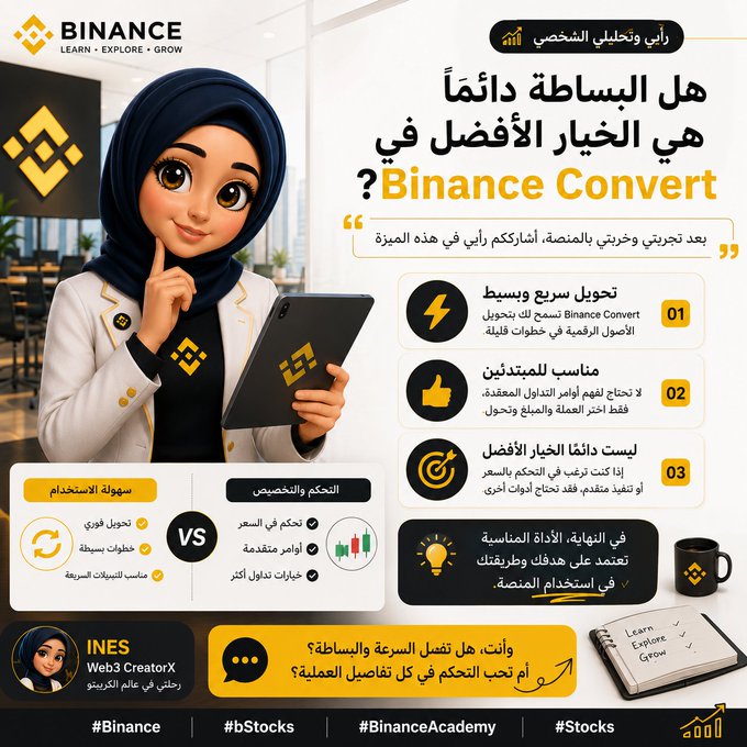 This image is an infographic from Binance exploring whether simplicity is always the best choice in Binance Convert. It features a woman in a hijab holding a tablet, comparing the "ease of use" of Binance Convert with "control and customization" options.
