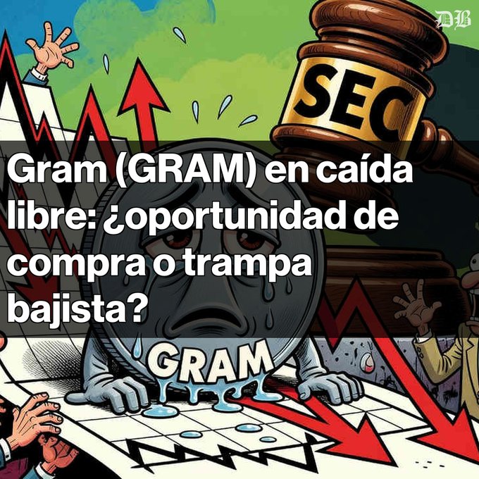 A cartoon illustration of a sad gram token being struck by an 'SEC' gavel, with Spanish text asking if the Gram (GRAM) free fall is a buying opportunity or a bearish trap.