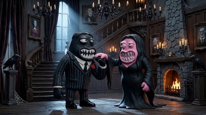 Two cartoonish black monster characters—one in a pinstripe suit and one as a witch in a black dress—standing together in a gothic mansion interior with a staircase, fireplace, and chandelier.