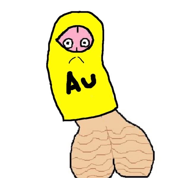 A crude digital drawing of a yellow blob-like figure labeled "Au" (gold) with a pink face, standing on two brown stumps.